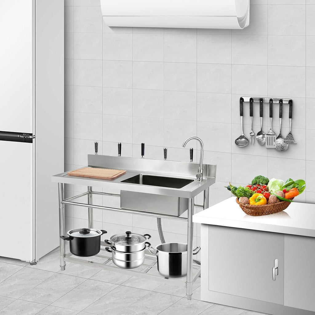 47x20x37 Inch Commercial Stainless Steel Utility basin - Single Compartment with Faucet & Base Frame, Adjustable Legs & Storage Shelf, Freestanding Prep basin for Kitchen or Garage
