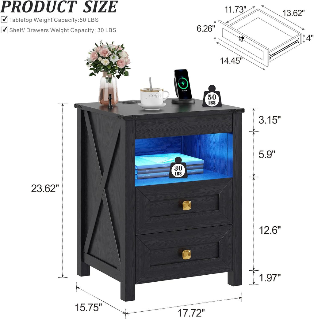 Farmhouse LED Nightstand Set 2 with Gun Drawer&Invisible Lock,Modern Bedside Table with Human Sensor Design,Rustic Side Table with Wireless Charging for Living Room, Black
