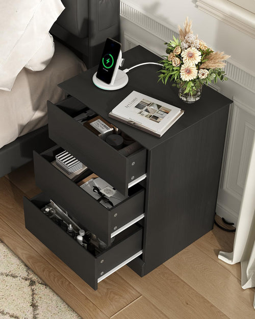 2 pcs Nightstand with Charging Station, Side Table with 3 Drawers, Wooden Bedside Table with Type C, USB Ports and Outlets for Bedroom, Black