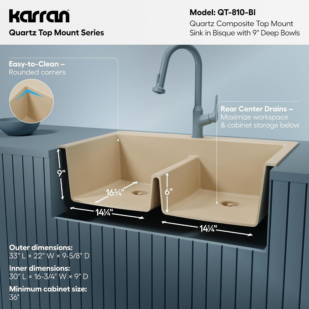 Karran 33' Bisque Quartz Composite Double Bowl Kitchen Sink – Top Mount Drop-In 50/50 Low Divider, 80% Natural Quartz, 535°F Heat Resistant, Sound Dampening, Granite Composite