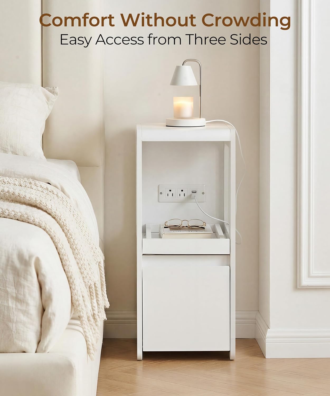 Narrow Side Table Small End Table with Charging Station White Skinny End Tables with Drawers Slim Wood Nightstand Modern Couch Sofa Side Tables Tray for Living Room Bedroom Small Spaces