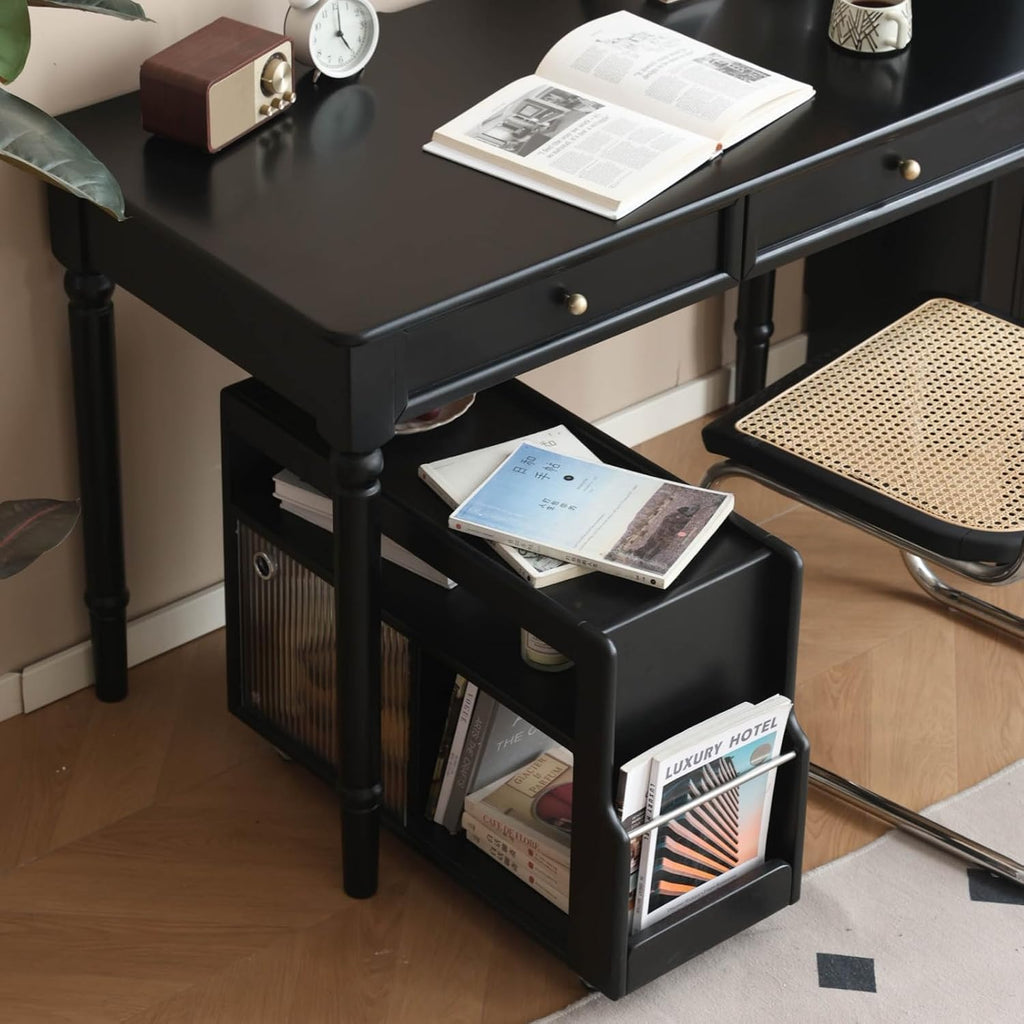 Solid Wood Side Table with Wheels, Narrow Side Table with Storage, Rolling Bedside Table for Bedroom Living Room Dining Room(Black, 27.95' D x 11.42' W x 19.88' H)