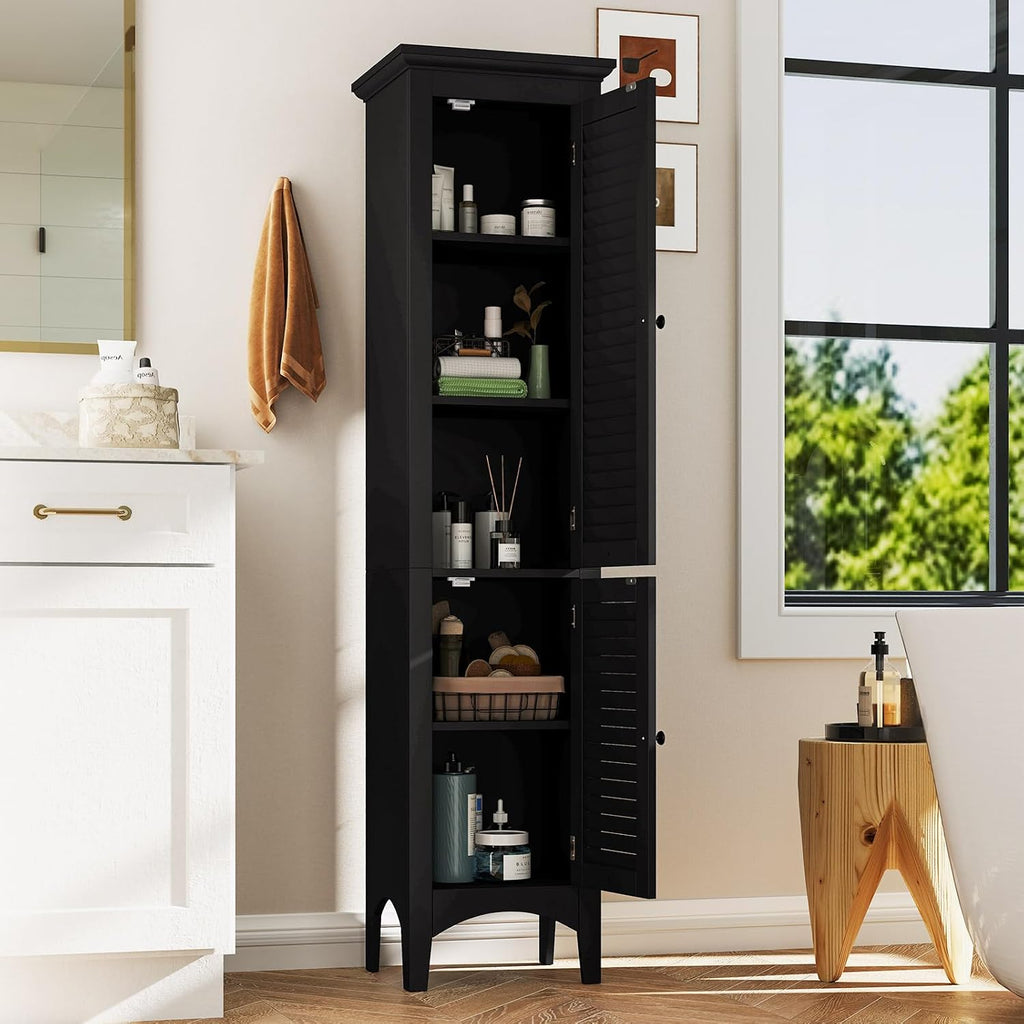 Tangkula 63' Tall Bathroom Storage Cabinet, Freestanding Narrow Linen Tower with Adjustable Shelf, Modern Slim Floor Cabinet with 2 Doors for Bathroom, Living Room, Kitchen (Black)