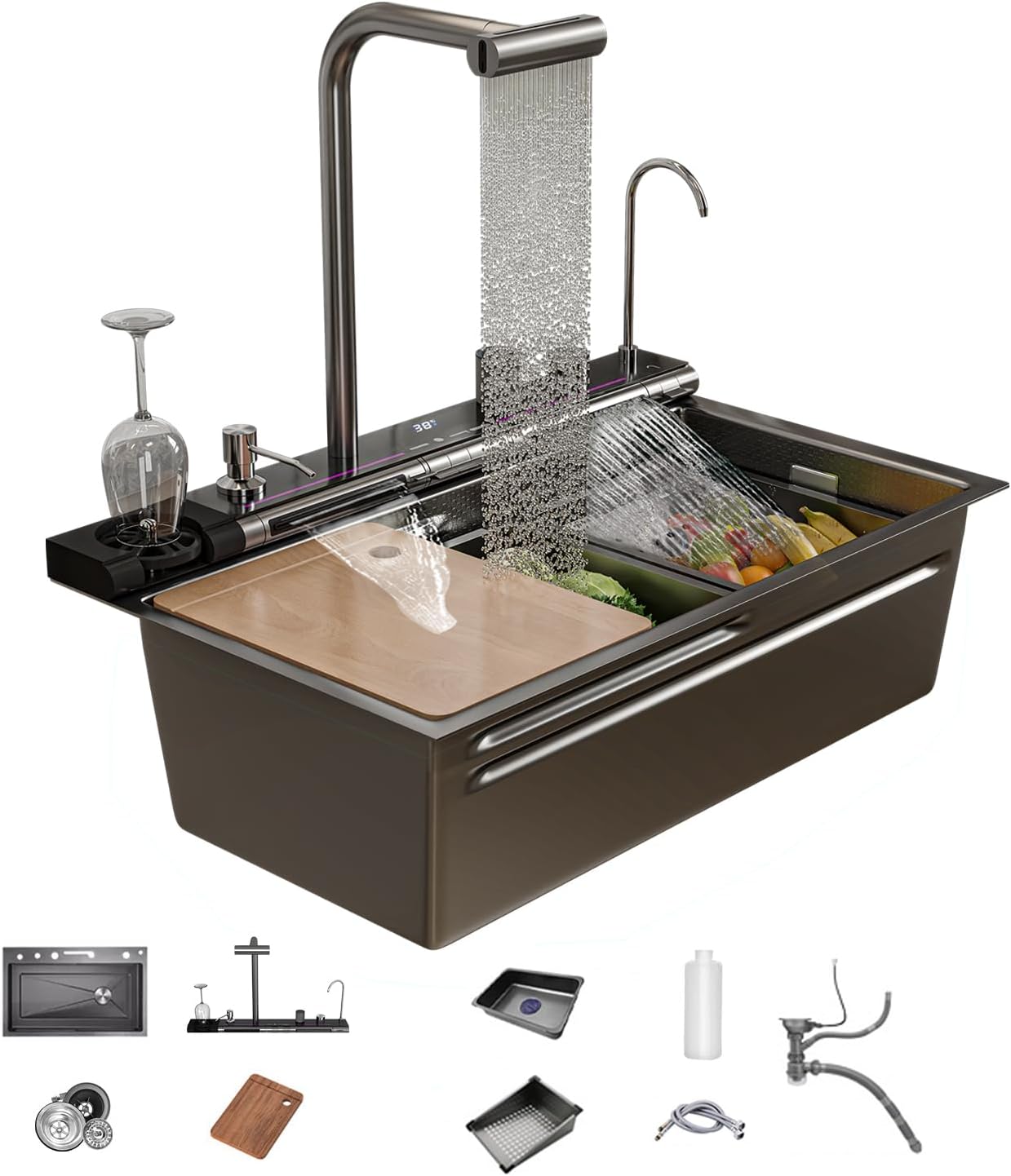 Dual Waterfall Kitchen Sink Modern Kitchen Sink Single Bowl Digital Smart Sink with Soap Dispenser Stainless Steel Sink with Pull-Out Faucet Workstation Sink with Honeycomb(29.5x18.1in)
