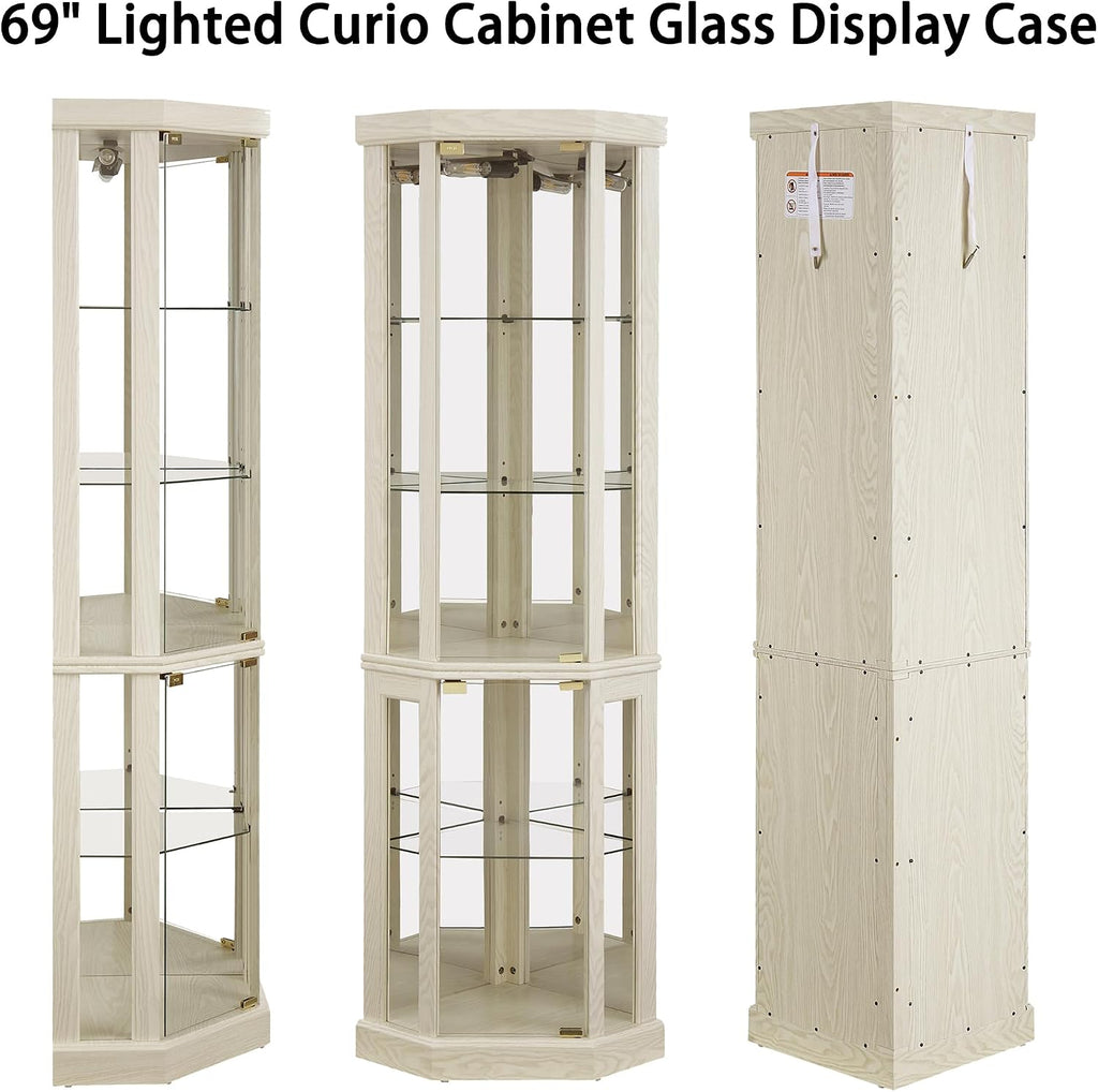 69' H Lighted Corner Display Cabinet, Curio Corner Glass Cabinet w/Adjustable Shelves & Glass Door, 5-Tier Wooden Storage Display Case w/Mirrored Back Pane for Living Room (Antique White)