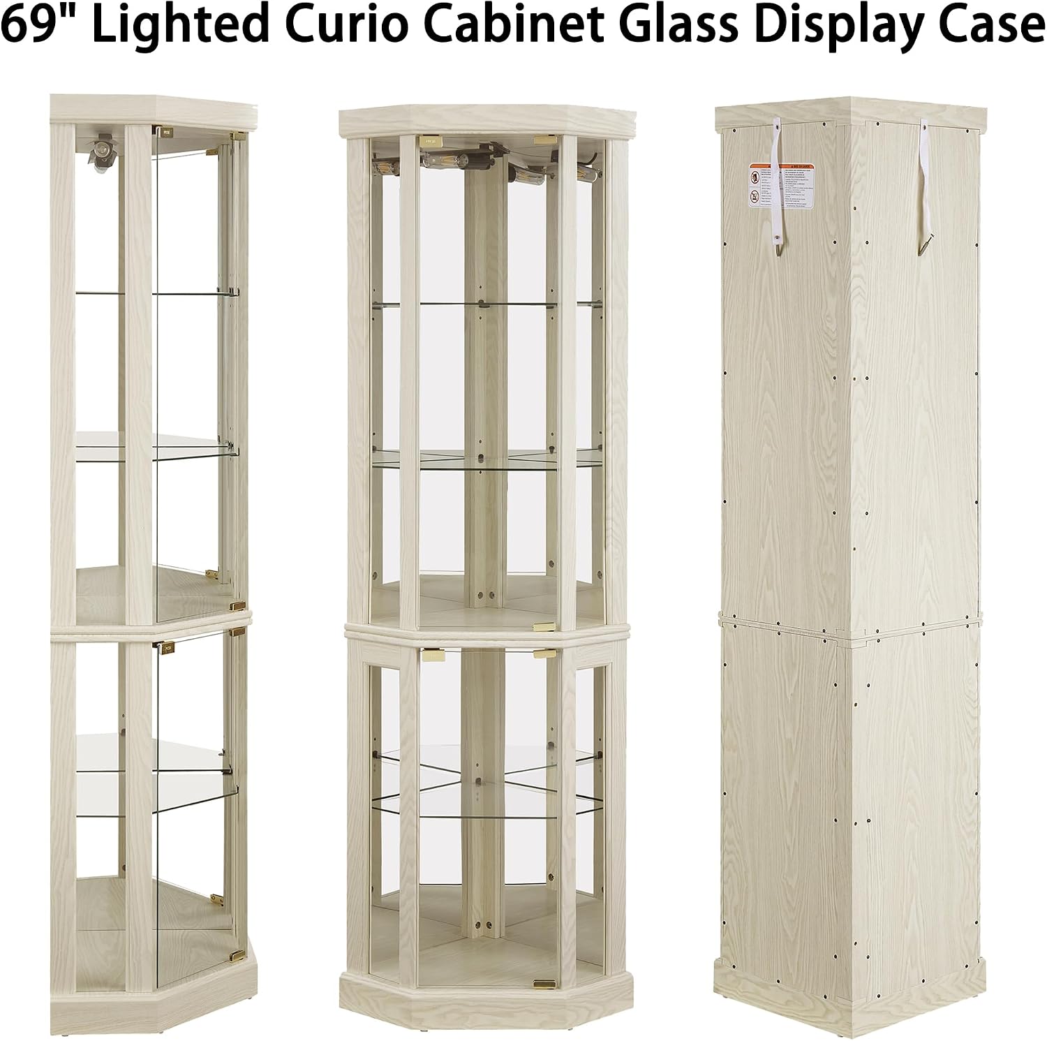 69' H Lighted Corner Display Cabinet, Curio Corner Glass Cabinet w/Adjustable Shelves & Glass Door, 5-Tier Wooden Storage Display Case w/Mirrored Back Pane for Living Room (Antique White)