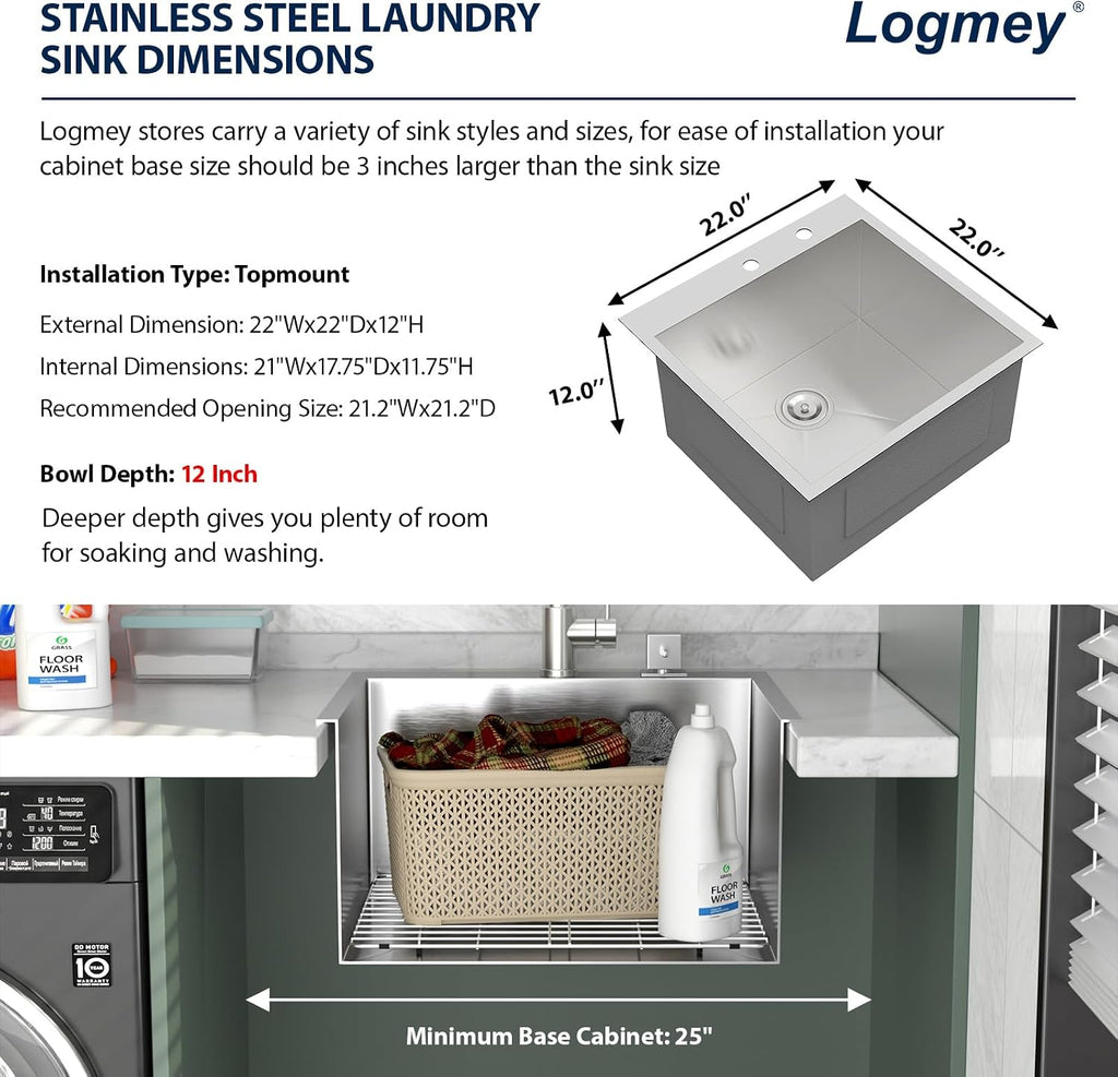 Logmey 22x22 Drop in Laundry Sink 22 Inch Laundry Room 12' Deep Sinks Handmade 16 Gauge Heavy Duty Stainless Steel Large Capacity Utility Washing Tub for Home & Commercial Use