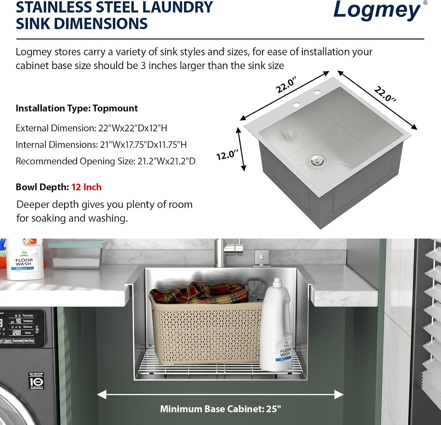 Logmey 22x22 Drop in Laundry Sink 22 Inch Laundry Room 12' Deep Sinks Handmade 16 Gauge Heavy Duty Stainless Steel Large Capacity Utility Washing Tub for Home & Commercial Use