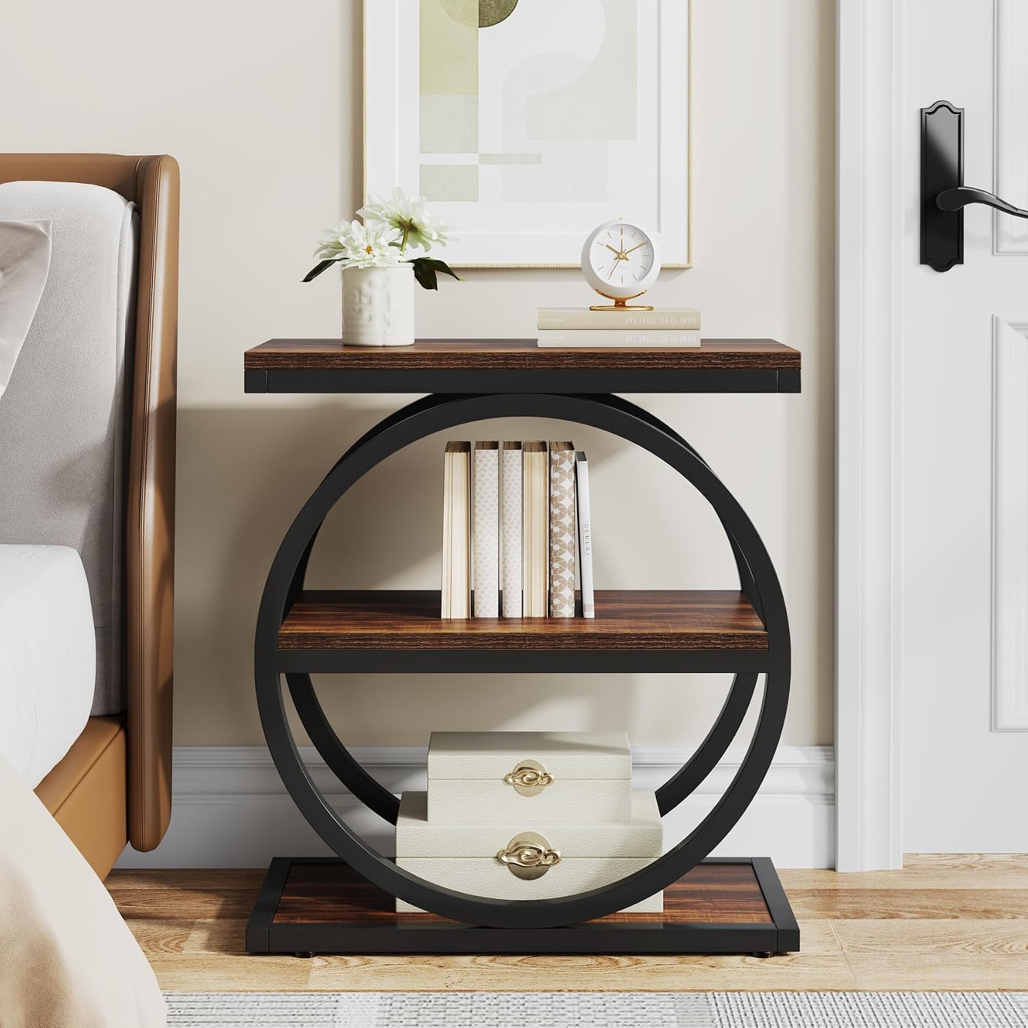 LITTLE TREE 3-Tier End Table Set of 2, Industrial Side Table with Storage Shelves, Small Sofa Side Table for Living Room, Wooden Side End Table with Round Metal Legs, Slim Nightstand and Bedside Table