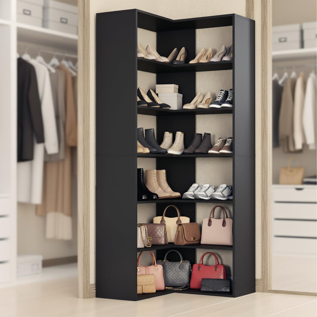 Anystyle 71 Inch Large Corner Shoe Rack for 40+ Pairs, 6-Tier L-Shaped Shoe Storage Cabinet Organizer, Freestanding Wooden Shoe Shelf for Closet, Entryway, Hallway, Black