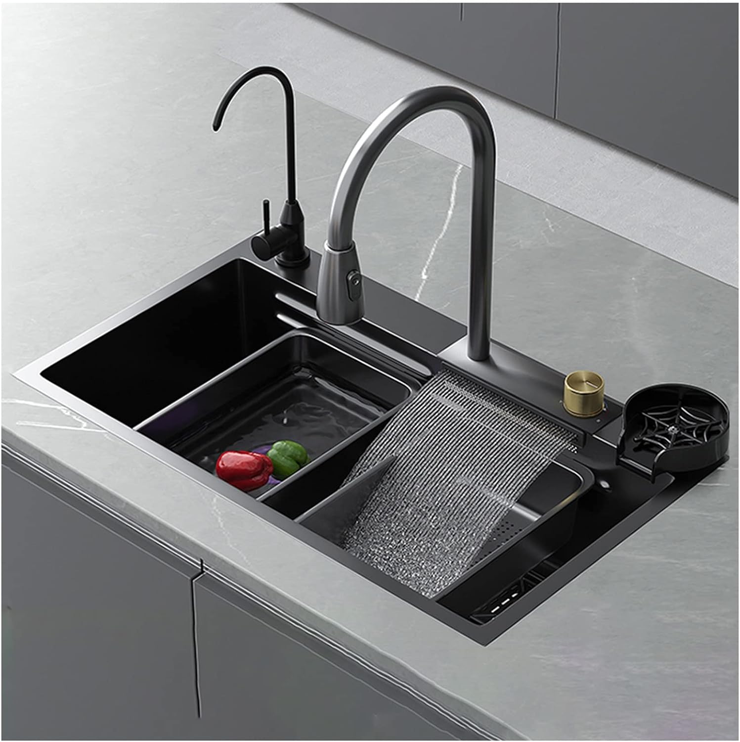 304 Stainless Steel Kitchen Sink Black Single Bowl Bar Sink/Household Multi-Function RV Sink with Faucet and Cup Washer Drop in Or Under Mount (Color : Black, Size : 75x46x22cm) (Black 68x46x22cm