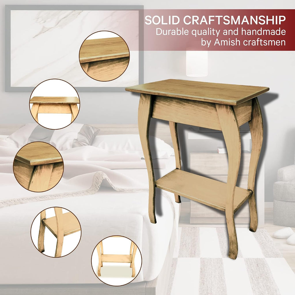 Peaceful Classics Wooden End Table- Amish Handmade Slim Side Table for Living Room, Bedroom, Entry Way, & Hallway, Thin Narrow End Table with 2-Tiered Shelves for Display & Storage, Unfinished