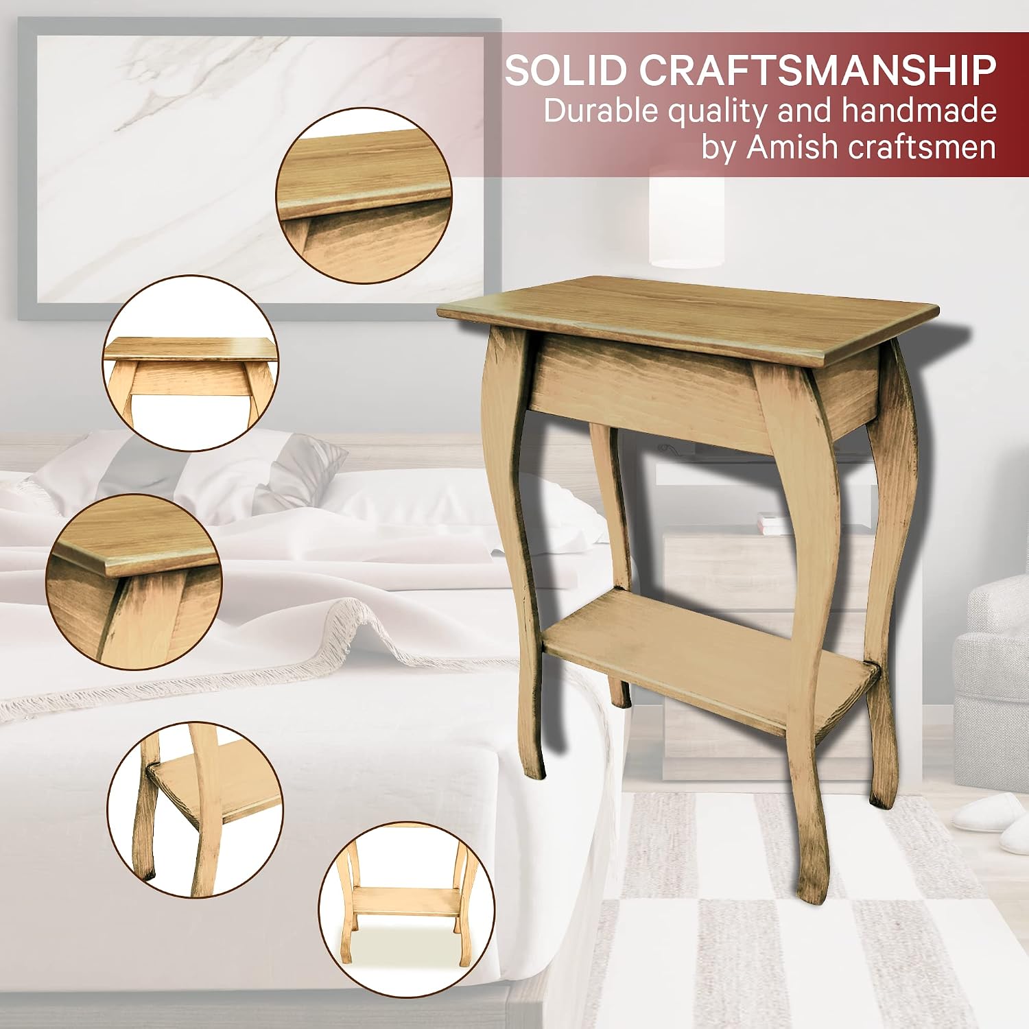 Peaceful Classics Wooden End Table- Amish Handmade Slim Side Table for Living Room, Bedroom, Entry Way, & Hallway, Thin Narrow End Table with 2-Tiered Shelves for Display & Storage, Unfinished