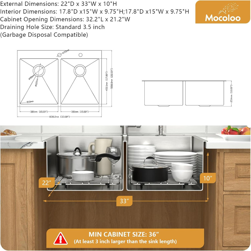 Mocoloo 33 Drop In Kitchen Sink Double Bowl 33 x 22 Drop Sink Double Bowl 50/50 T304 Stainless Steel 16 Gauge Topmount Handmade, 10 Inch Deep