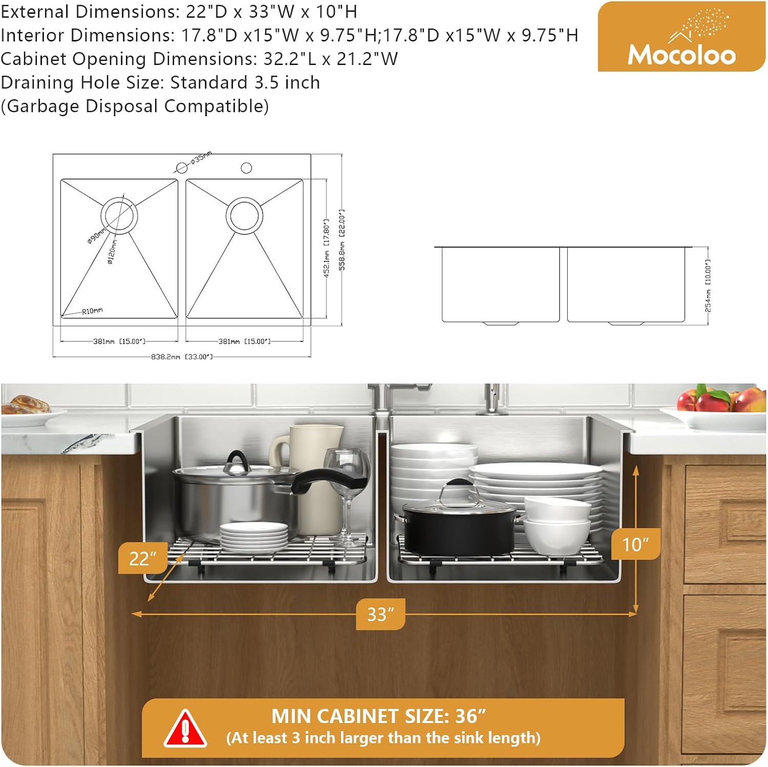 Mocoloo 33 Drop In Kitchen Sink Double Bowl 33 x 22 Drop Sink Double Bowl 50/50 T304 Stainless Steel 16 Gauge Topmount Handmade, 10 Inch Deep