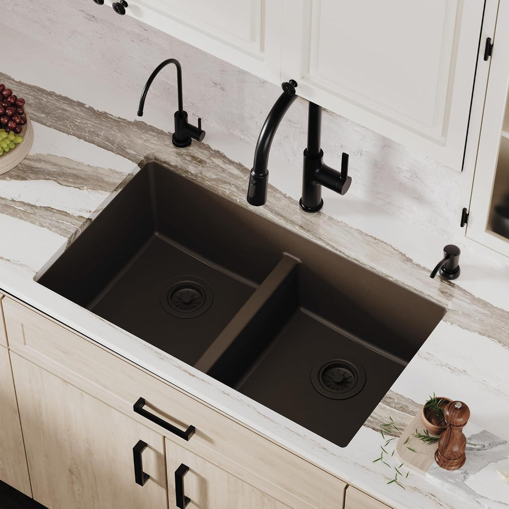 Karran 32' Brown Quartz Composite Undermount Double Bowl Kitchen Sink with Low Divider – 50/50 Equal Bowl, 80% Natural Quartz, 535°F Heat Resistant, Sound Dampening, QU-810