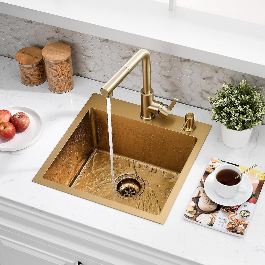 15 Inch Drop In Bar Sink with Faucet Combo | Gold Stainless Steel, Topmount Single Bowl, Durable Modern Design | Small Sink for RV, Bar Prep & Small Kitchens