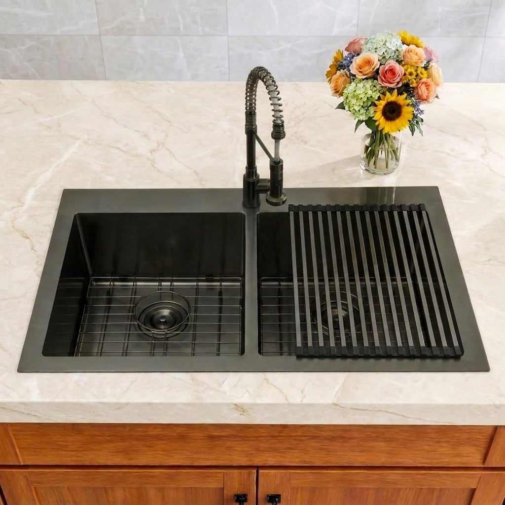 Black Kitchen Sink,33 X 22 inch Drop in Kitchen Sinks Double Bowl,16 Gauge Stainless Steel 50/50 Double Sink,Top Mount/Drop In Double Kitchen Sink 33 inch