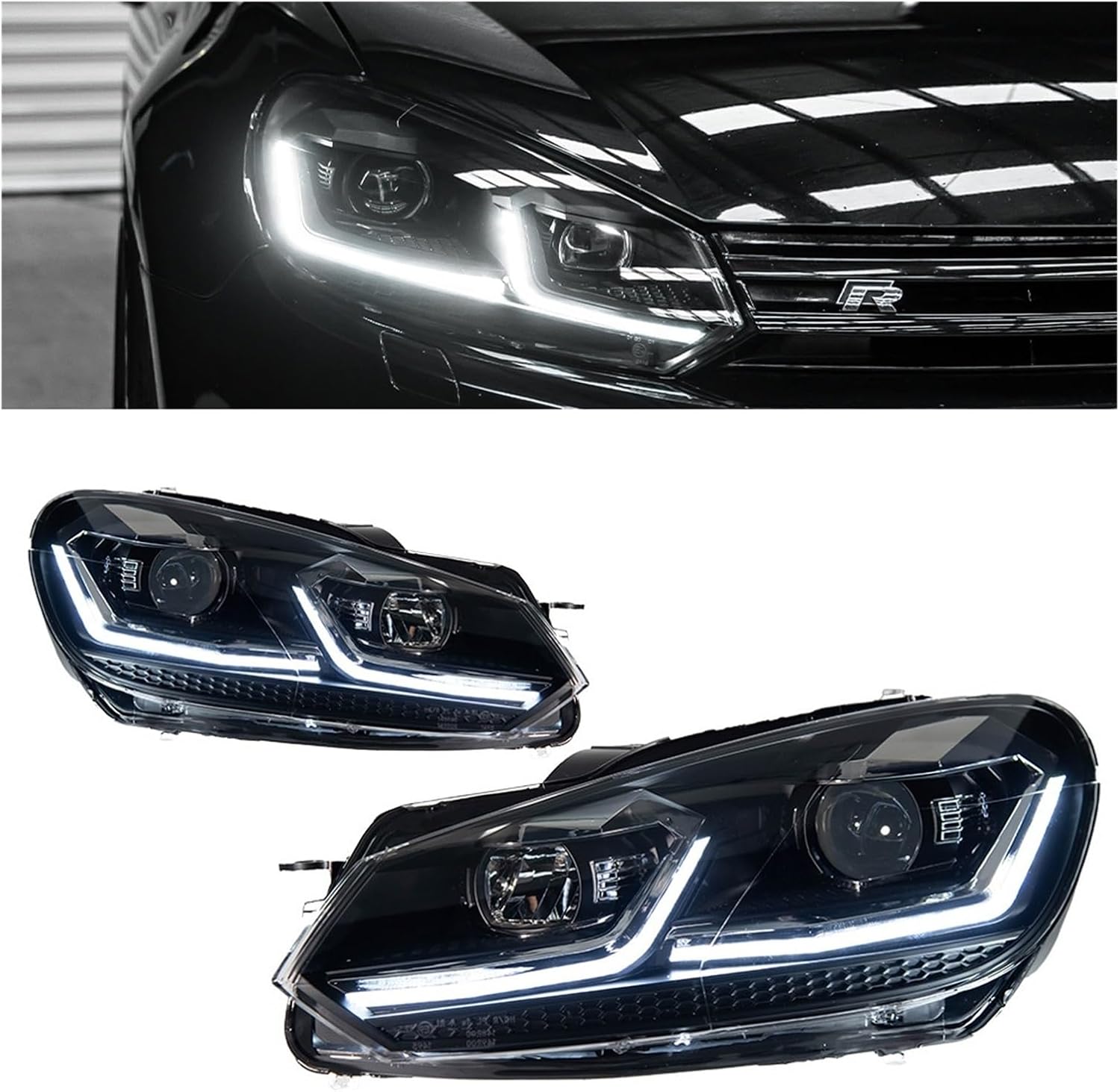 Car Lights Compatible With Golf 6 2009-2012 R20 Golf6 MK6 LED Auto Headlights Assembly Upgrade 7.5 Design LHD RHD Version Tools Accessories(Black One Set,For Left Hand Drive)