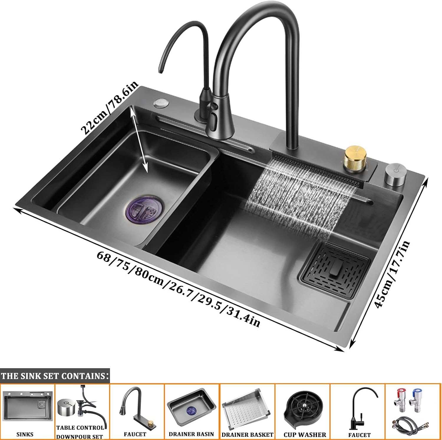 Black Nano Single Bowl Kitchen Sink 304 Stainless Steel Waterfall Bar Sink Multi-Purpose Handmade Sink RV Sink with Pull-Out Faucet and Drainage Components Top Mount Or Undermount
