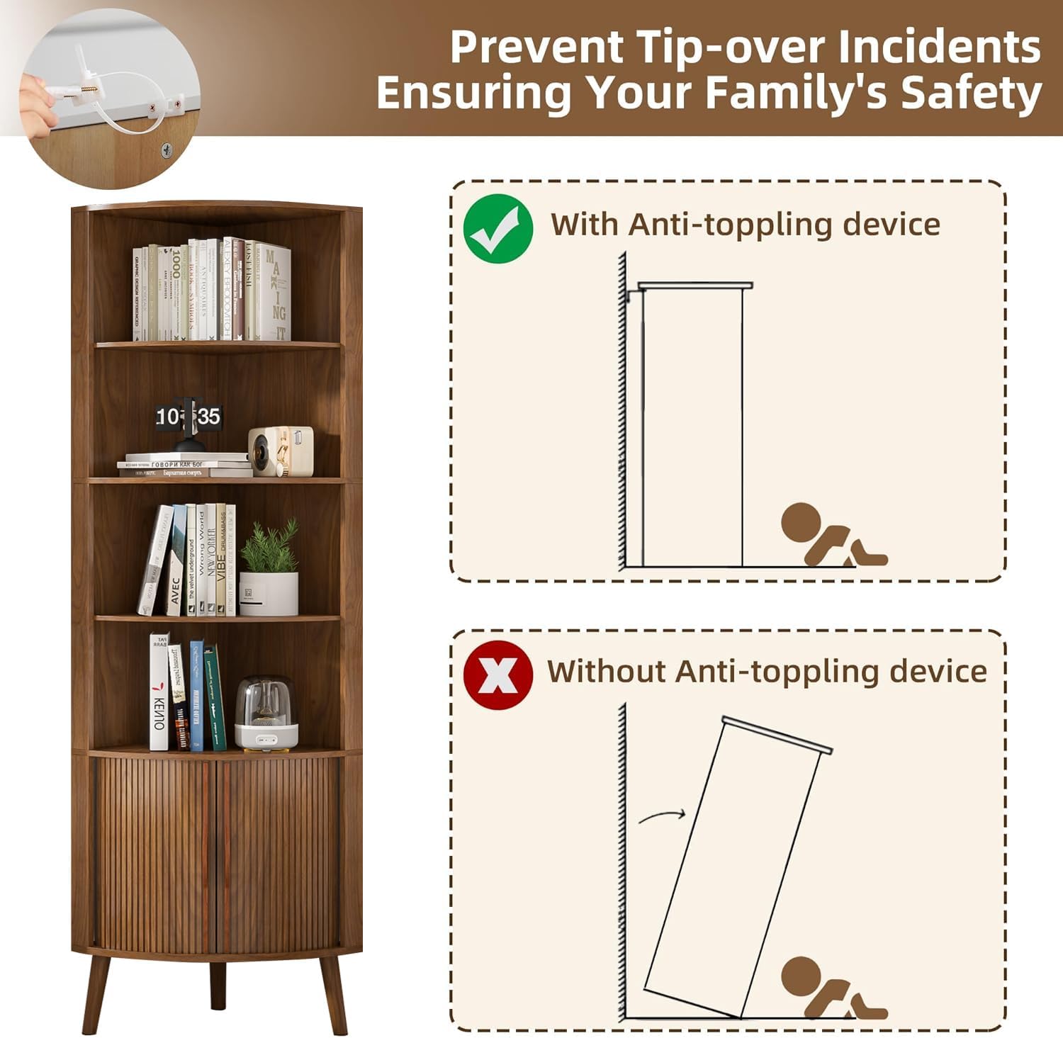 Corner Cabinet, 66.73'' Tall Modern Corner Bathroom Storage Cabinet with 2 Fluted Doors and Shelves, Home Space Saver for Kitchen, Living Room, Study Room(Walnut, 66.73''H)