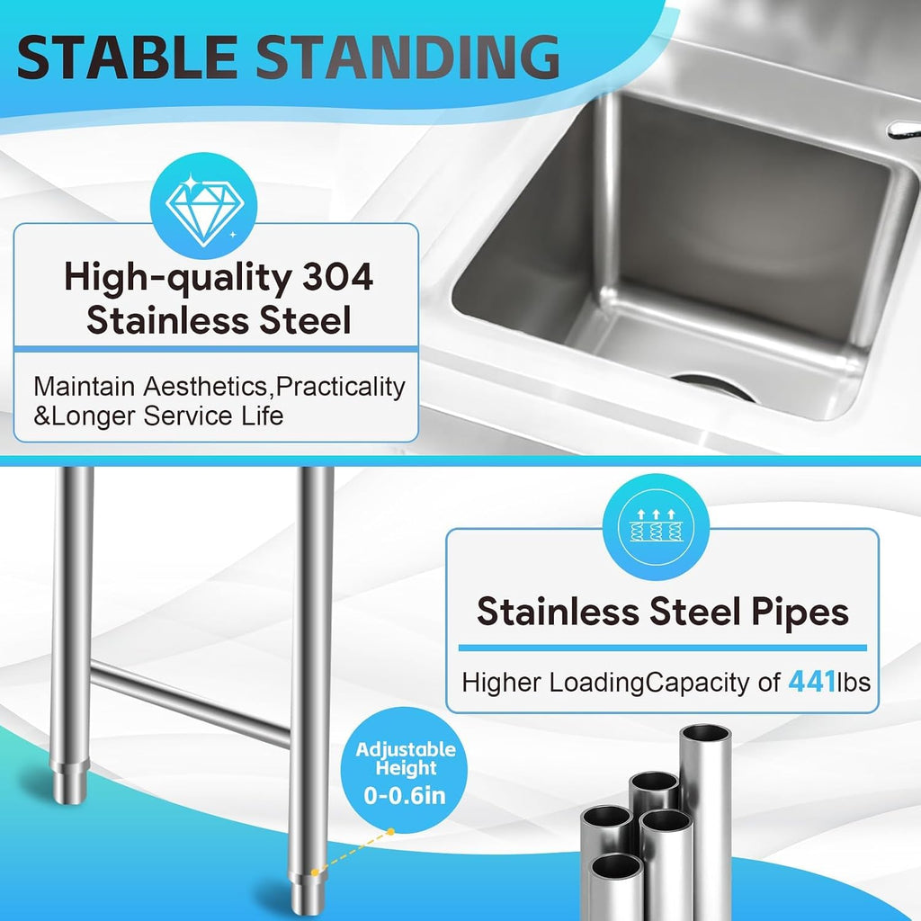 3 Compartment Stainless Steel Sink, 39'' × 18'' × 36'' Commercial Utility Sink, Free Standing Three Bowl Kitchen Sink Set with 2 Faucets Hot & Cold Water Pipes for Food Truck, Bar, Restaurant