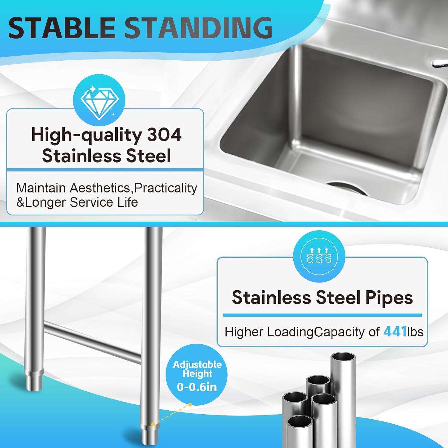 3 Compartment Stainless Steel Sink, 39'' × 18'' × 36'' Commercial Utility Sink, Free Standing Three Bowl Kitchen Sink Set with 2 Faucets Hot & Cold Water Pipes for Food Truck, Bar, Restaurant