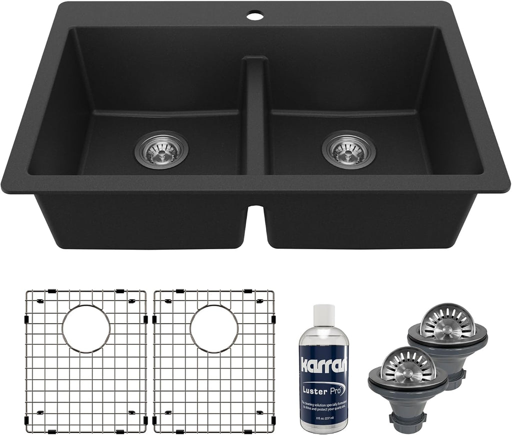 Karran QT-810 33' Top Mount Double Equal Bowl Quartz Kitchen Sink Kit in Black