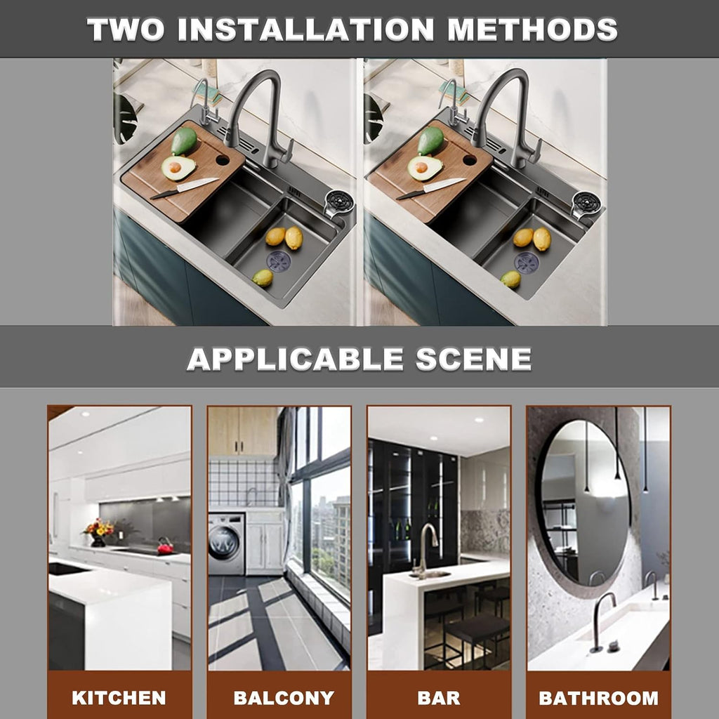 Single Bowl Kitchen Sink 304 Stainless Steel Bowl Bar Sink Multi-Purpose Rv Sink with Faucet Drain Assembly Cup Washer Drop in Or Under Mount (Grey-68x46x22cm