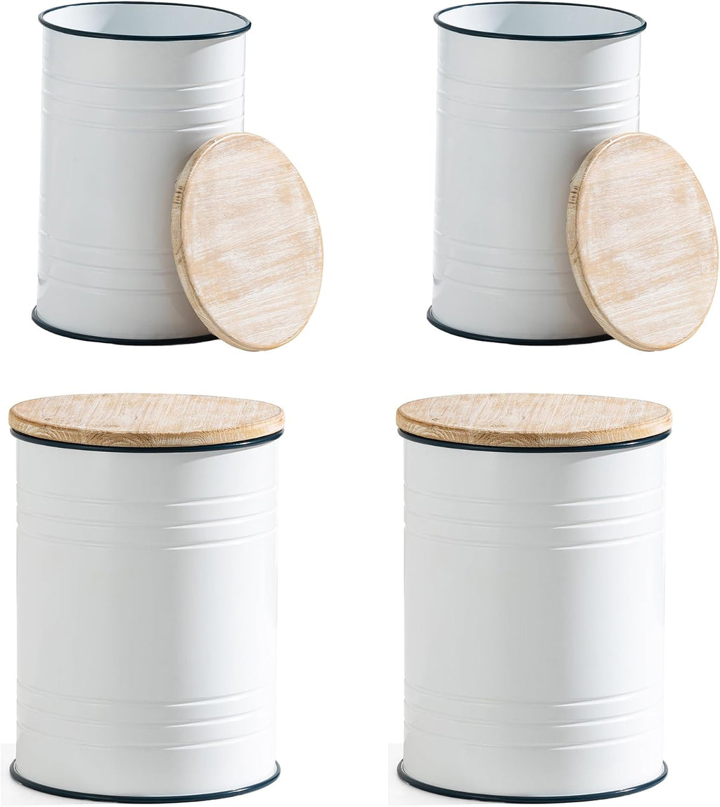 Glitzhome 4-Piece Galvanized Side Table Set, Metal Farmhouse Barrel Toy Box Bins with Round Wood Lid, Rustic Ottoman Seat Stool with Large Storage Space, for Living Room, Bedroom,White