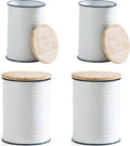 Glitzhome 4-Piece Galvanized Side Table Set, Metal Farmhouse Barrel Toy Box Bins with Round Wood Lid, Rustic Ottoman Seat Stool with Large Storage Space, for Living Room, Bedroom,White