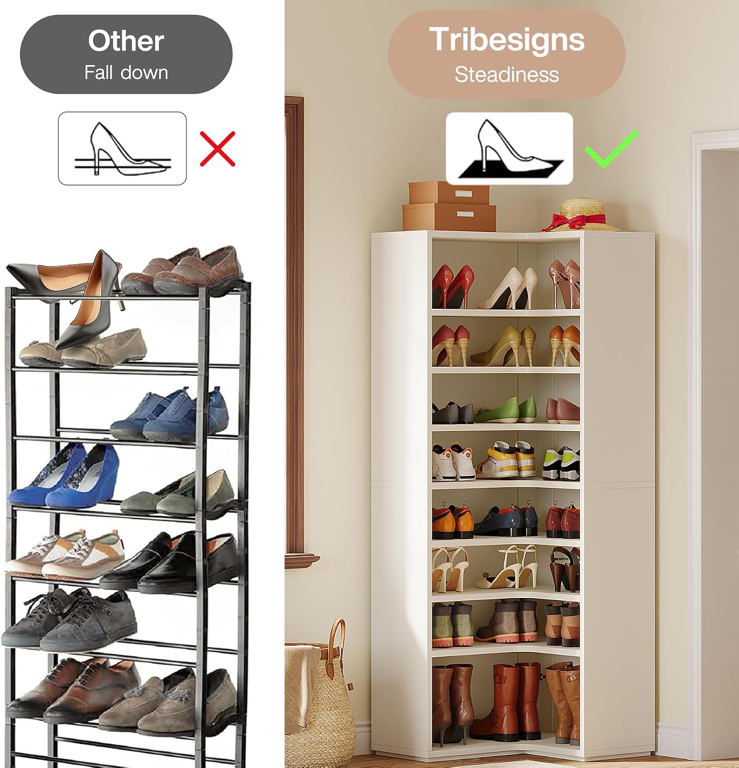 Tribesigns Corner Shoe Rack for Closet, 9-Tier Modern Corner Shelf Organizer, Large Wood Storage Shelf for Shoes, Holds up to 45 Pairs, White (1PC)