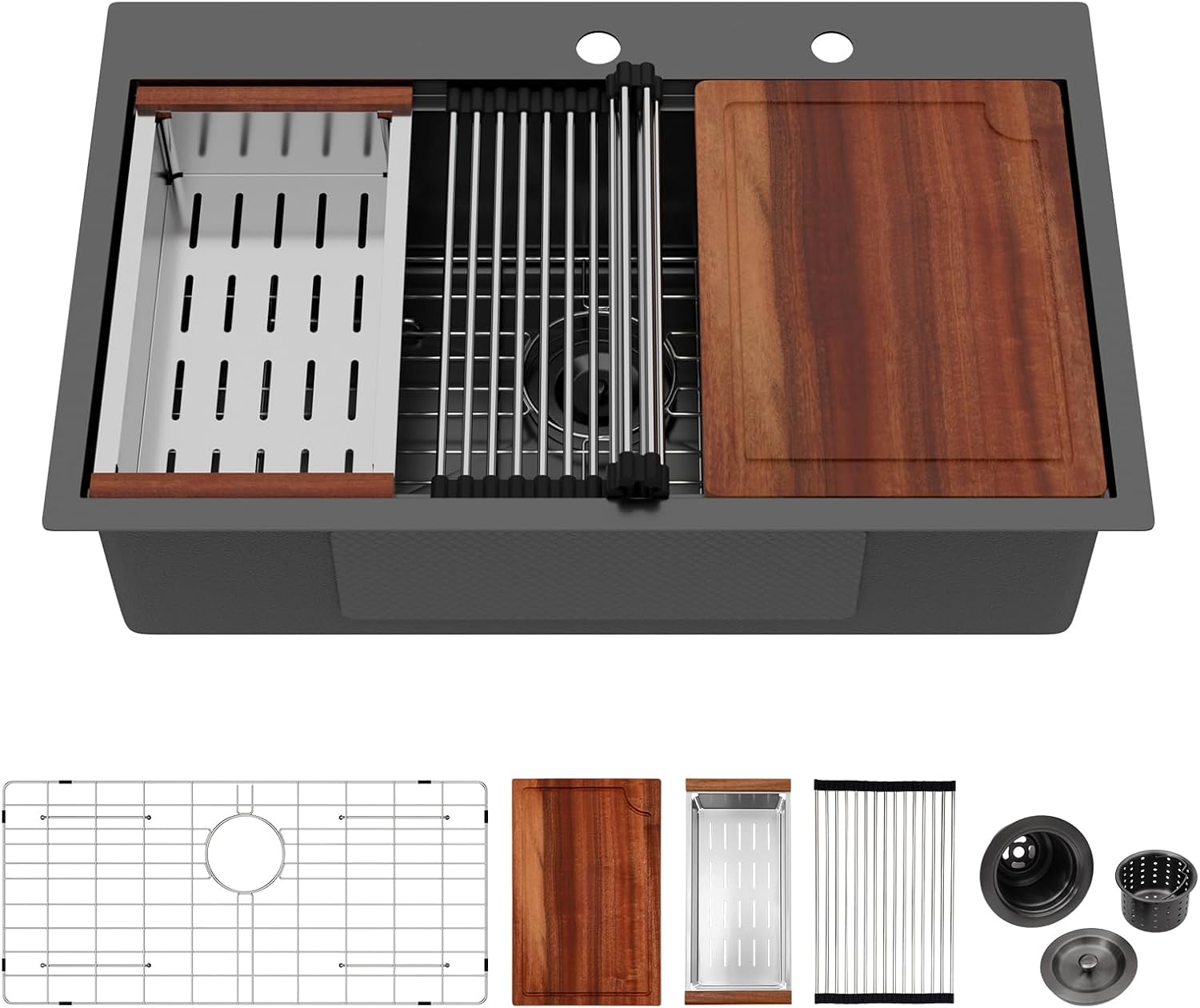 Logmey 30 Inch Drop In Kitchen Sink Workstation 30x19x9 Inch Gunmetal Black Topmount Sinks Stainless Steel 16 Gauge Overmount Kitchen Sink