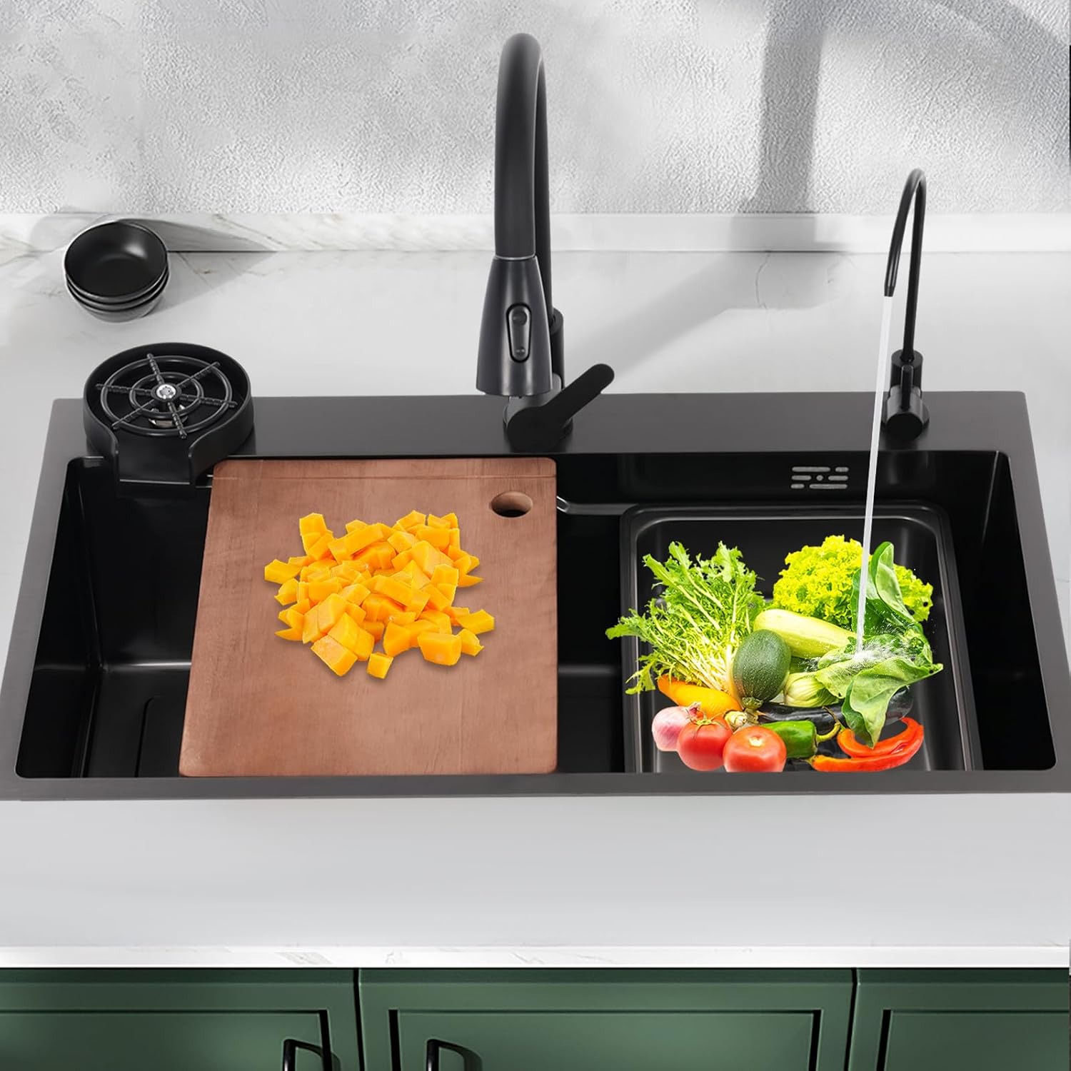DYRABREST 29.5 Inch Stainless Steel Kitchen Sink Multi-Function Commercial Sink Set with Cutting Board & Basin-in-Basin, Drop-In/Undermount Install, Cup Rinser and Drainer for Restaurant Home (Black)