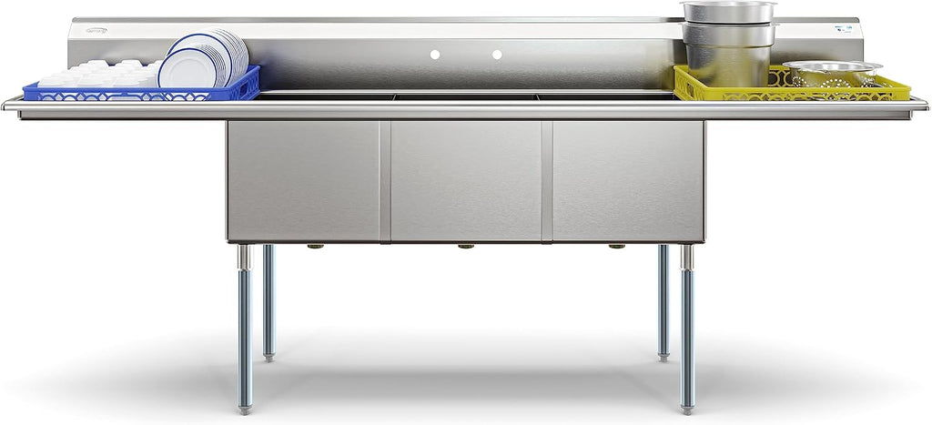 KoolMore 102 in. Three Compartment 18-Gauge Stainless-Steel NSF Commercial Kitchen Sink, Bowl Size 18x24x14, with Three Basins for Washing and Rinsing Dishes with Two Drainboards (KM-SC182414-24B3)