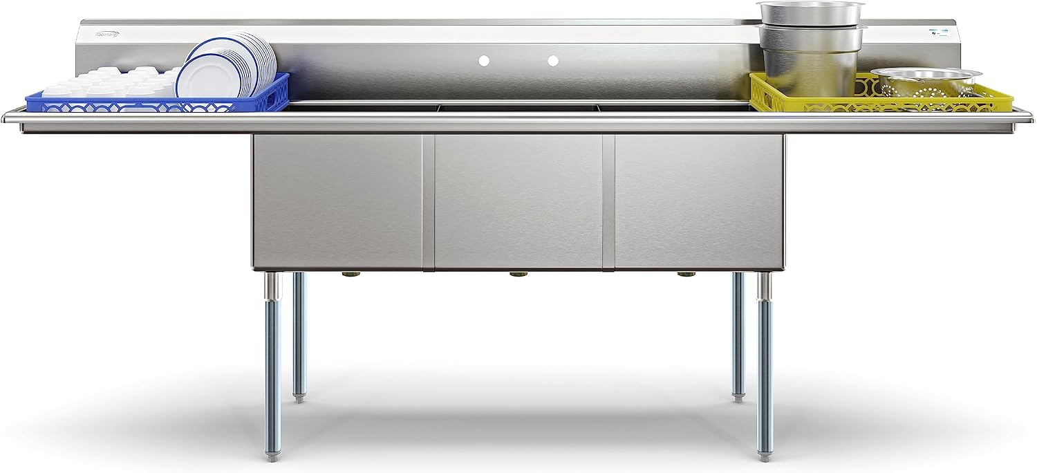 KoolMore 102 in. Three Compartment 18-Gauge Stainless-Steel NSF Commercial Kitchen Sink, Bowl Size 18x24x14, with Three Basins for Washing and Rinsing Dishes with Two Drainboards (KM-SC182414-24B3)