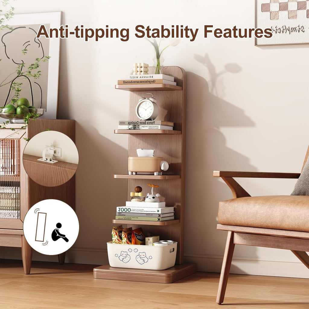 WoodsWhisper Solid Wood 5-Tier Narrow Bookshelf Small Spaces Open Storage | Solid Wood | Narrow Design | 5 Tier Storage | Anti-Tip | Easy Assembly