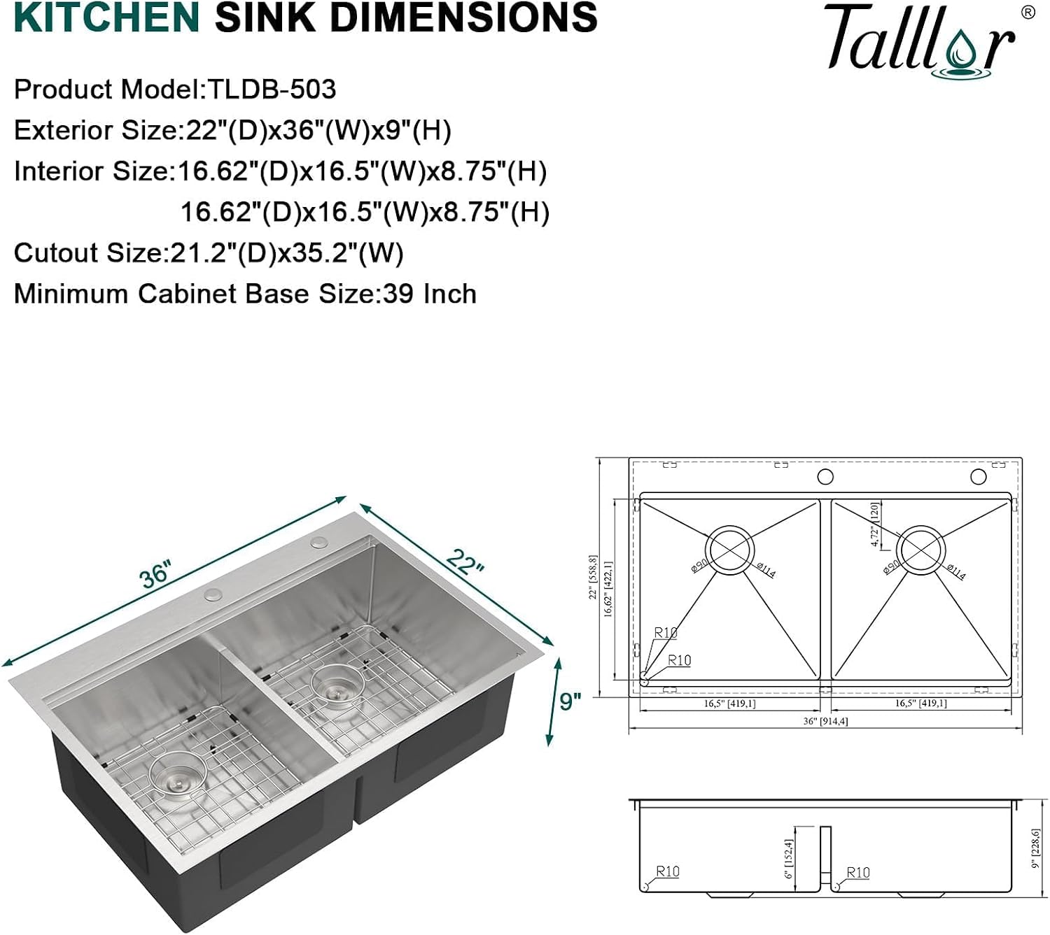 36 Inch Drop-In Double Bowl Kitchen Sink, 50/50 Low Divide 16 Gauge 304 Stainless Steel Workstation All-In One Large Sink with Accessories, Brushed Finish #TLDB-503