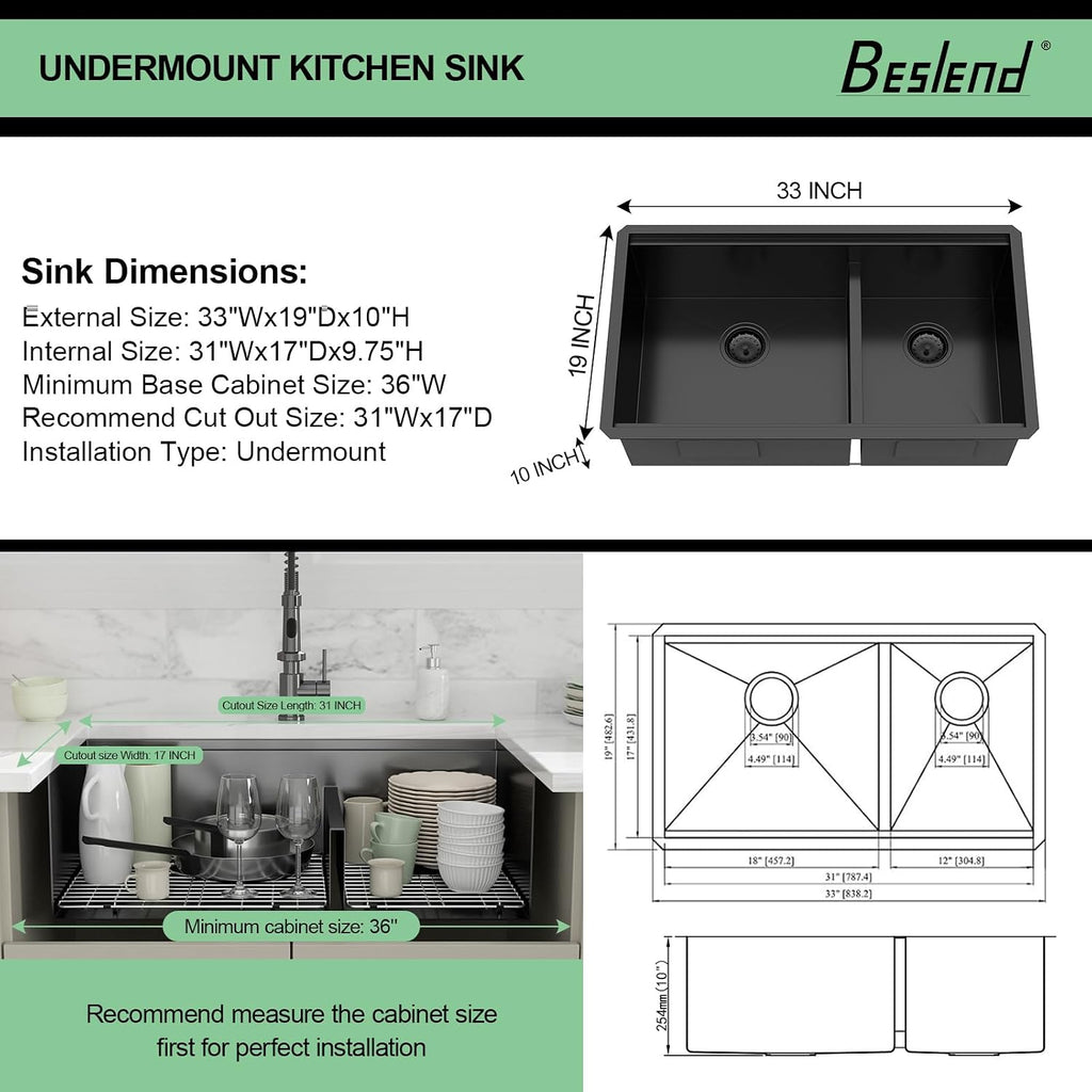 33 Black Undermount Kitchen Sink - 33x19 Gunmetal Black Double Bowl Kitchen Sinks Workstation 16 Gauge Stainless Steel Sink Low Divide Double Basin 50/50