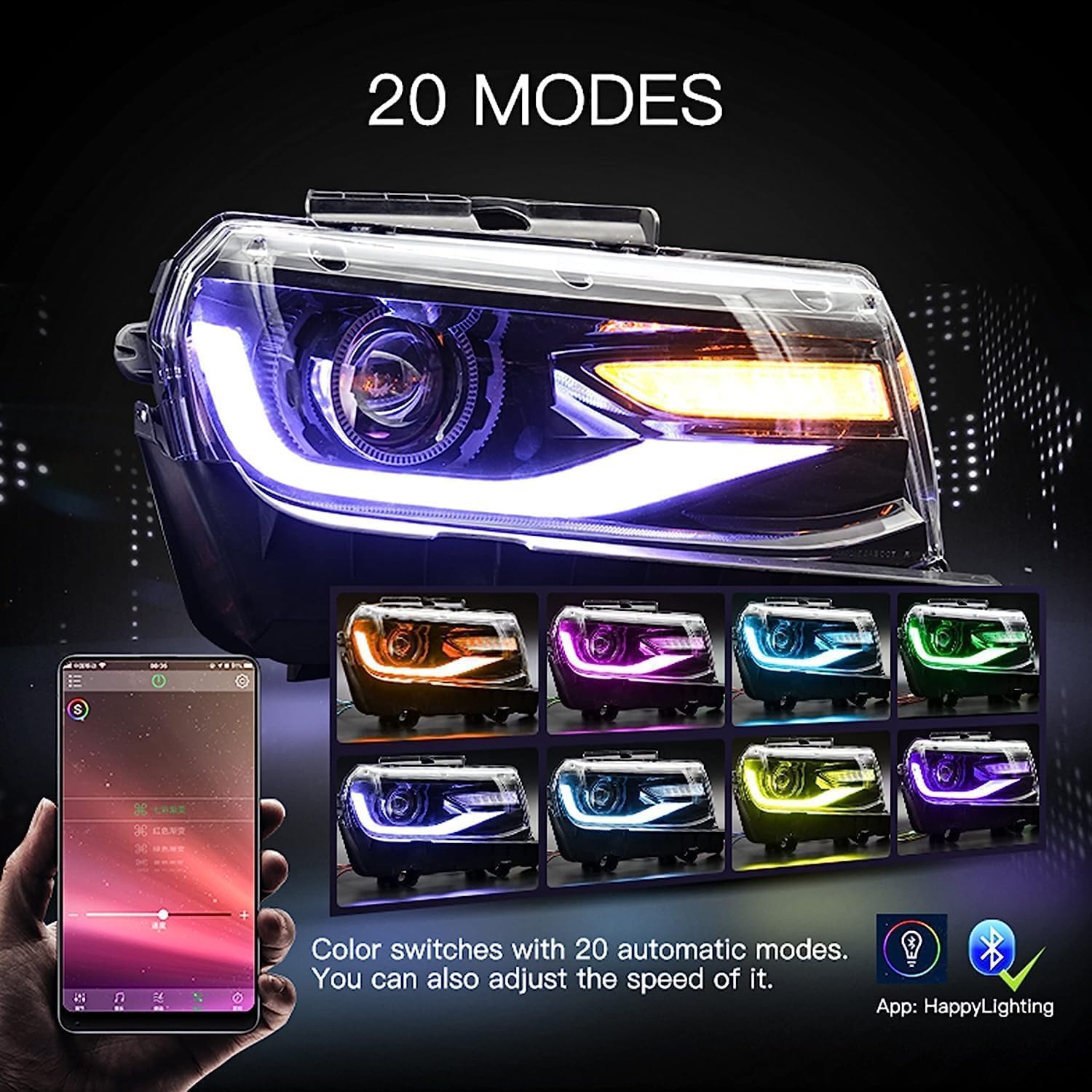 VLAND Headlights w/D2S Fit for 2014 2015 Chevy Camaro 5th Gen, Multicolor Front light with Sequential Turn Signal, W/Dual Beam Lens Dynamic DRL, Plug-n-Play Headlamp