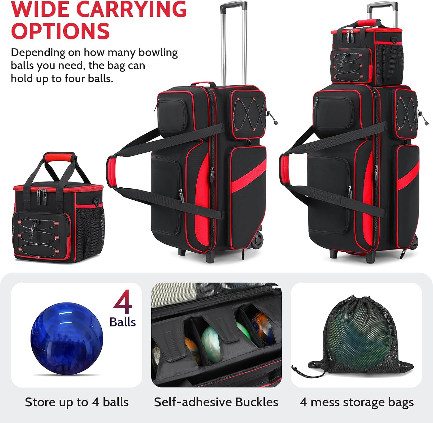 4 Ball Bowling Bag with Wheels, 3 Ball Bowling Bags Roller with 1 Ball Add On Bag, Multi-Pockets & Shoe Compartment (Fits Up to Size 16)