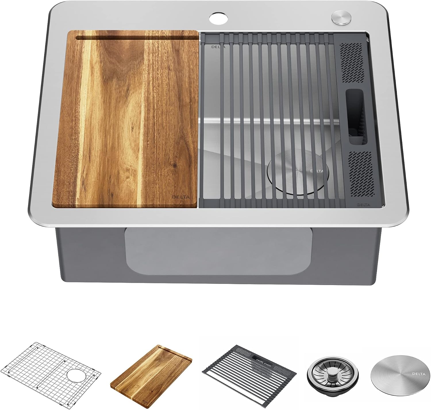 DELTA FAUCET 95A932-25S-SS Lorelai Workstation Kitchen Sink Drop-in Top Mount Stainless Steel Single Bowl with WorkFlow Ledge and Chef's Kit of 5 Accessories