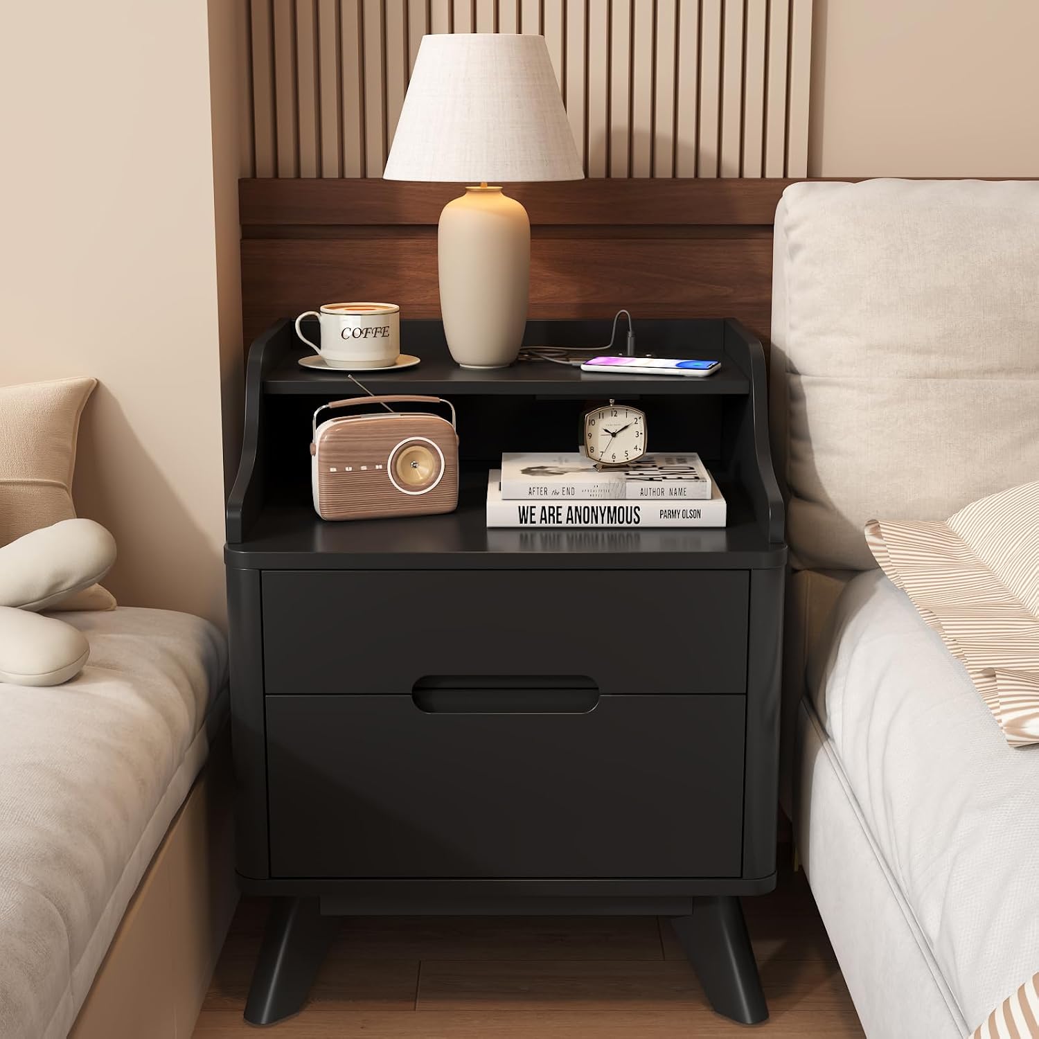 Nightstand with Charging Station, 21' Tall Nightstand w/2 Storage Drawers, Wood Night Stand with Hidden Handle, 17'' Wide Modern Bedside Table for Bedroom Dorm Home Office (Black)