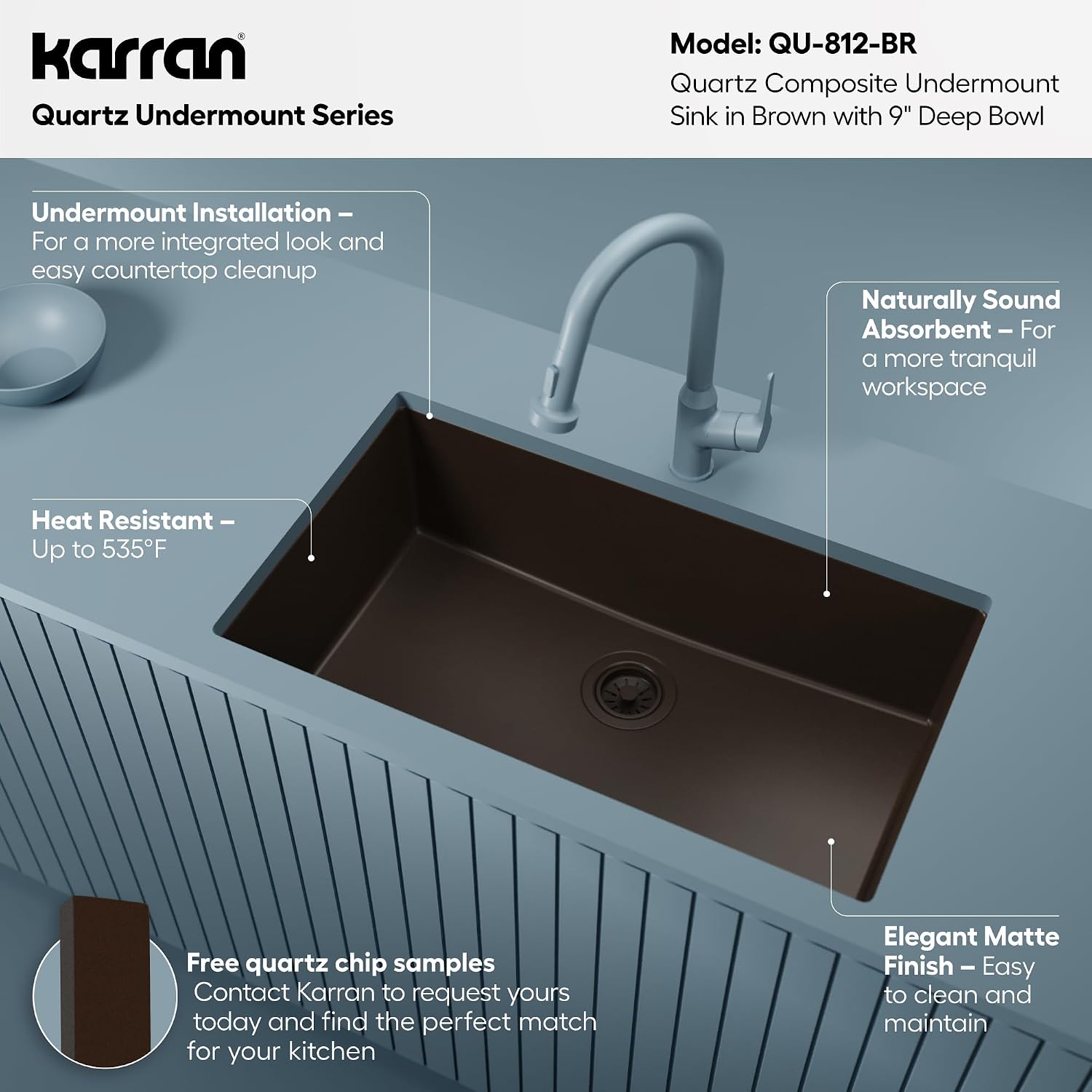 Karran Undermount 33' Large Single Bowl Granite Quartz Composite Kitchen Sink in Brown – Extra Deep 9' Basin, Heat & Scratch Resistant, Sound Dampening, Rear Drain – QU-812