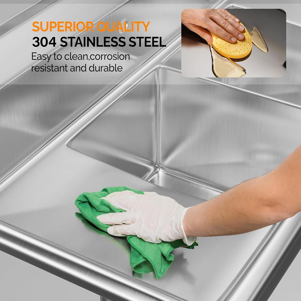 ROVSUN Commercial Sink, Stainless Steel with 3 Compartment and Left Side Drainboard, 43.9' x 20' x 43.3' Freestanding Kitchen Utility Sink, Bowl Size 10' x 14' x 10', Silver