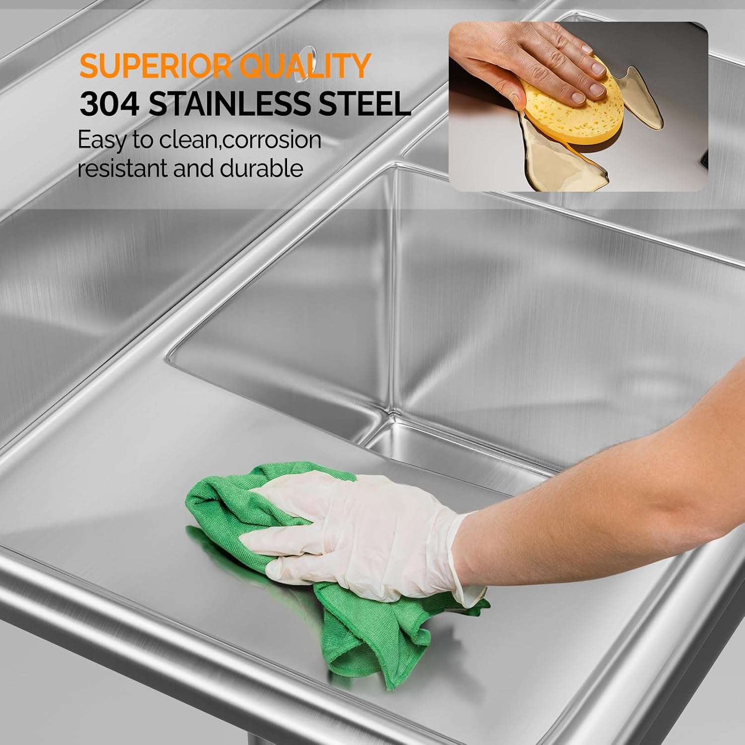 ROVSUN Commercial Sink, Stainless Steel with 3 Compartment and Left Side Drainboard, 43.9' x 20' x 43.3' Freestanding Kitchen Utility Sink, Bowl Size 10' x 14' x 10', Silver