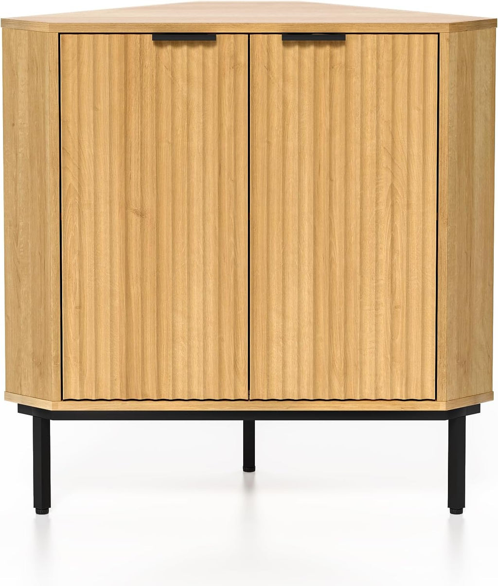 Modern Corner Cabinet, Fluted Small Floor Storage Cabinet with Adjustable Shelf, Freestanding Narrow Organizer for Living Room Kitchen, Natural Oak