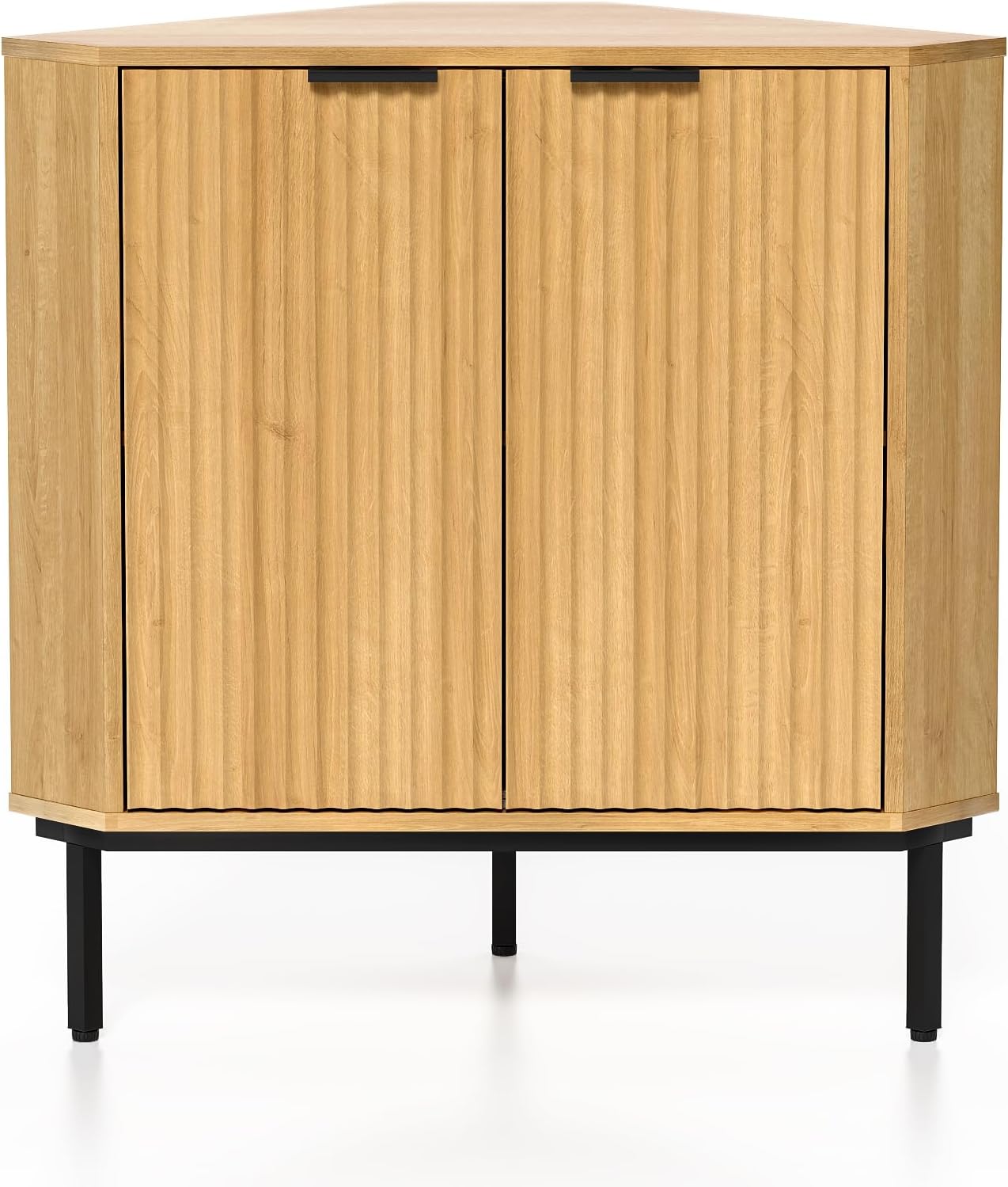 Modern Corner Cabinet, Fluted Small Floor Storage Cabinet with Adjustable Shelf, Freestanding Narrow Organizer for Living Room Kitchen, Natural Oak