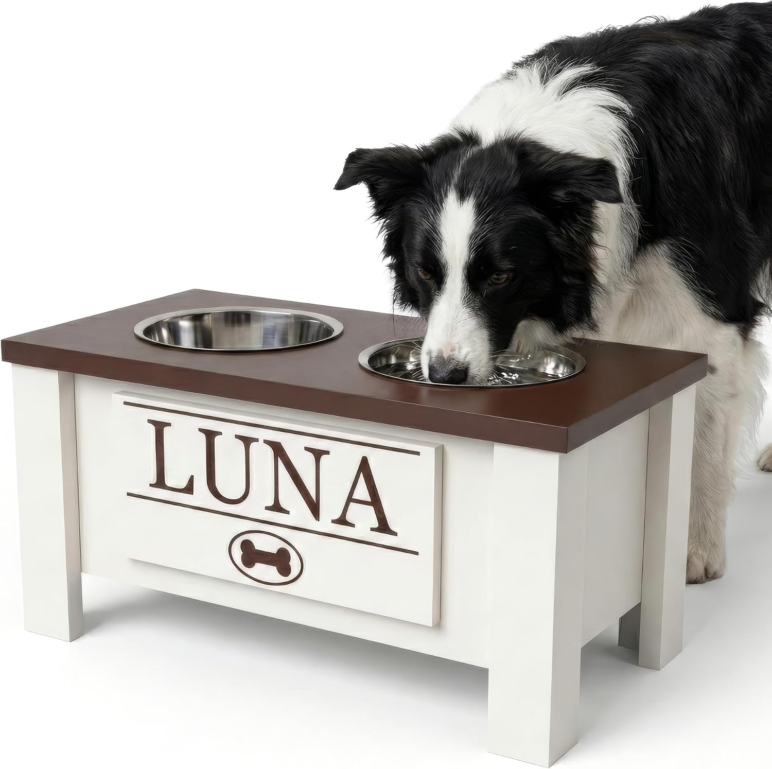 GTW Personalized Elevated Dog Bowl Stand for Large, Medium, Small, X-Small Dogs - Stainless Steel Food and Water Bowls - Raised Dog Dish with Internal Storage (Medium, Dark Walnut)