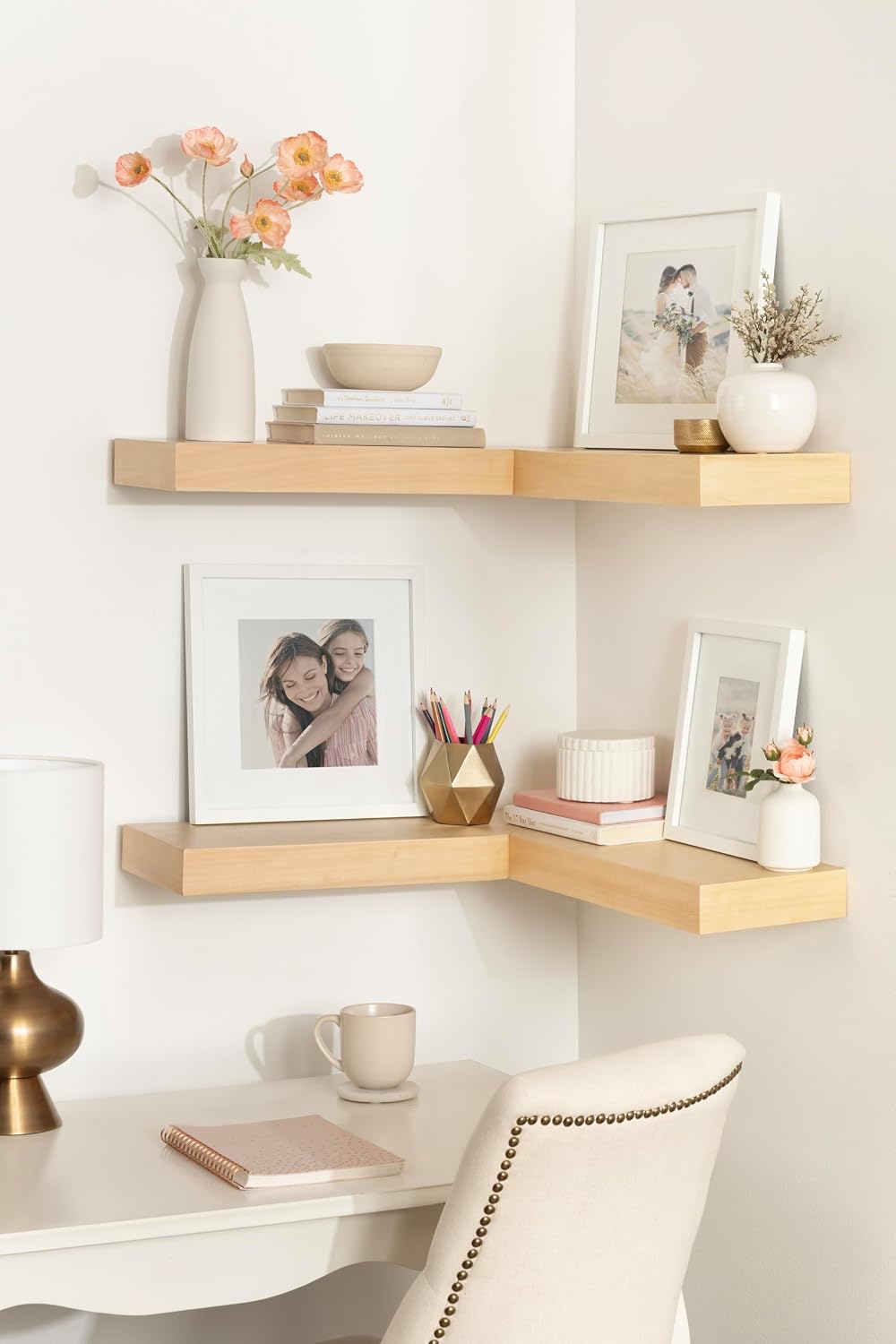 Kate and Laurel Havlock Modern Wood Two-Piece Floating Corner Shelf Set, 26 x 8 x 3, Natural Wood, Wooden Corner Shelving with Unique Geometric Shape for Living Room Decor or Entryway Storage